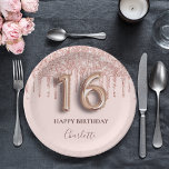 Sweet 16 rose gold pink drips paper plate<br><div class="desc">Elegant, classic, glamourous and girly for a Sweet 16, 16th birthday party. Blush pink background. Decorated with rose gold drips, paint dripping look. Personalise and add a name. With the text: Happy Birthday. The name is written with a modern dark rose coloured hand lettered style script. Number 16 is written...</div>