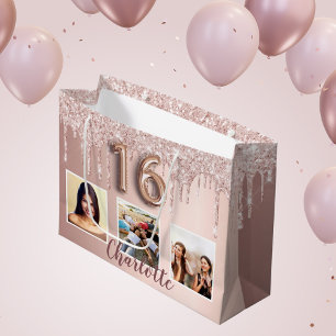 Sweet 16 rose gold pink drips photo monogram large gift bag