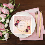 Sweet 16 rose gold pink geometric glitter name napkin<br><div class="desc">A paper napkin for a girly, femenine and glamourous Sweet 16, 16th birthday party. A chic golden and blush pink gradient background with a faux gold geometric frame. Decorated with dark purple and burgundy flowers, roses and boho style feathers. Rose gold faux glitter drips, paint drip look on the front...</div>