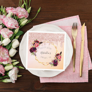 Sweet 16 rose gold pink geometric glitter name napkin