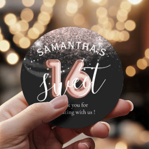 Sweet 16 Rose Gold Pink Glitter Balloon Style  Classic Round Sticker