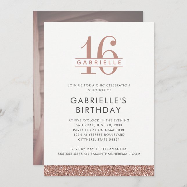 Sweet 16 Rose Gold Pink Glitter Birthday Photo Invitation (Front/Back)