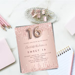 Sweet 16 rose gold pink invitation<br><div class="desc">A modern, stylish and glamourous invitation for a girl's Sweet 16, 16th birthday party. A rose gold background with drips, paint drip look. The name is written with a modern dark rose gold coloured hand lettered style script. Personalise and add your party details. Number 16 is written with a balloon...</div>