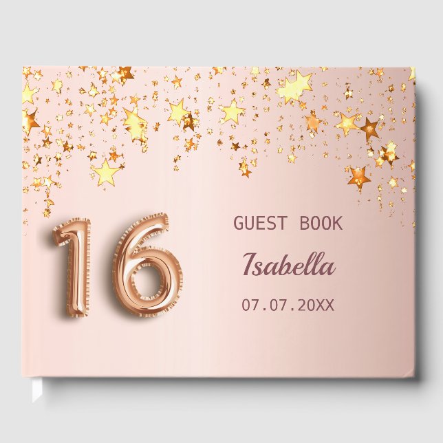 Sweet 16 rose gold pink stars guest book (Front)