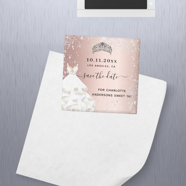 Sweet 16 rose gold silver dress save the date magnet (Creator Uploaded)