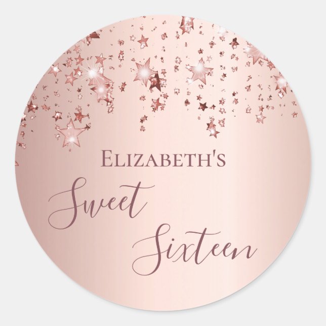 Sweet 16 rose gold stars classic round sticker (Front)
