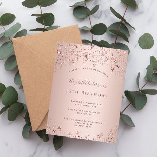 Sweet 16 rose gold stars invitation postcard