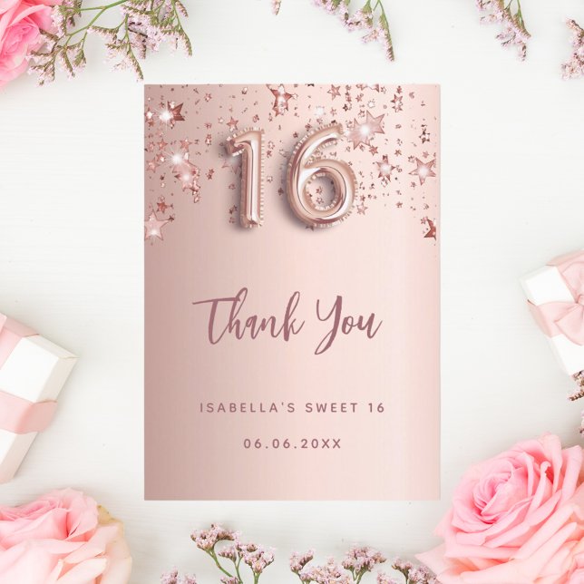 Sweet 16 rose gold stars thank you card (Creator Uploaded)