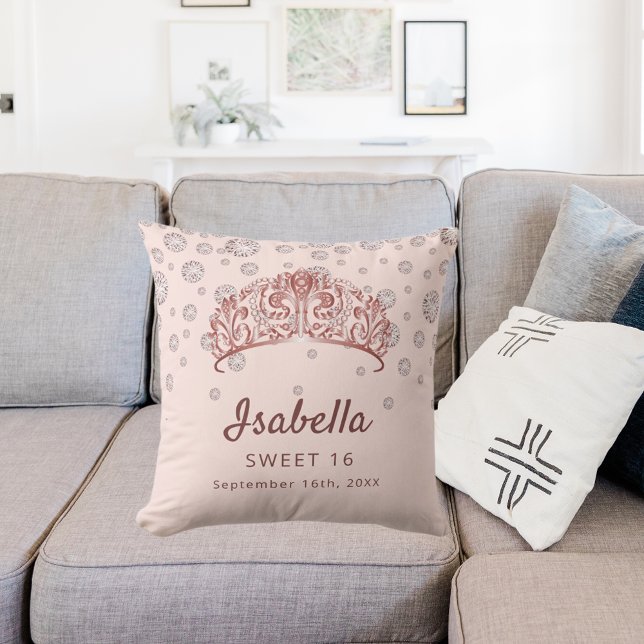 Sweet 16 rose gold tiara crown pink monogram cushion (Creator Uploaded)