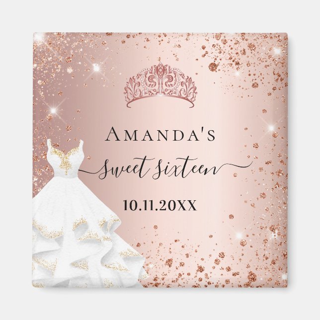 Sweet 16 rose gold tiara dress glitter name magnet (Front)