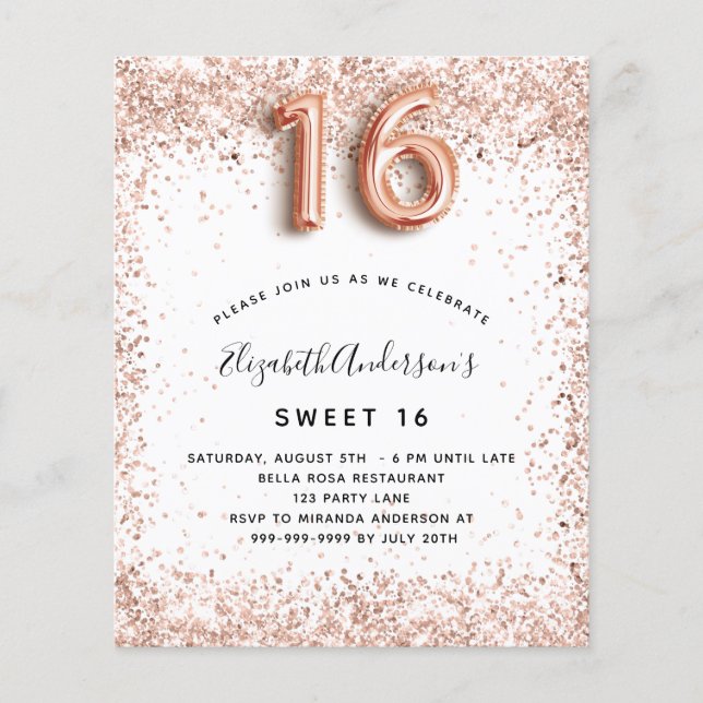 Sweet 16 rose gold white budget invitation flyer (Front)