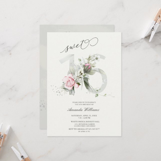 Sweet 16 Roses Grey | Silver Romantic Invitation (Front/Back In Situ)