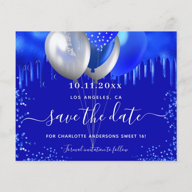 Sweet 16 royal blue balloons budget  save the date flyer (Front)