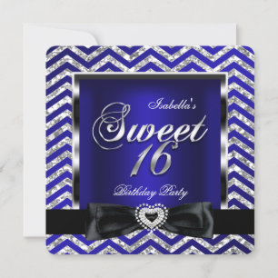 Sweet 16 Royal Blue Chevron Stripe Silver Black Invitation