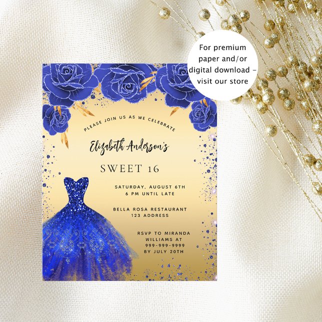 Sweet 16 royal blue dress flower budget invitation flyer (Creator Uploaded)
