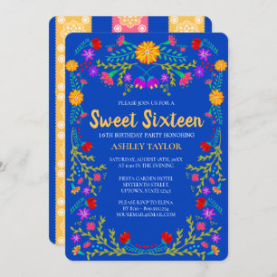 Sweet 16 Royal Blue Fiesta Flowers 16th Birthday Invitation