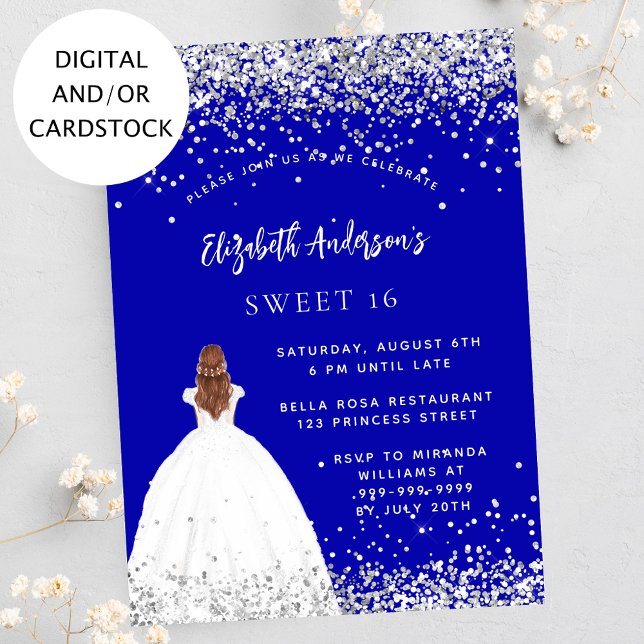 Sweet 16 royal blue glitter dress invitation (Creator Uploaded)
