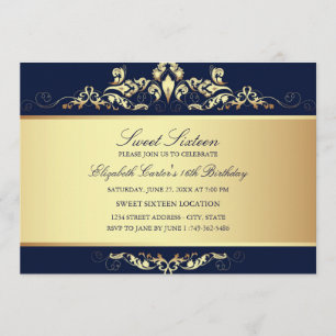Sweet 16   Royal Blue & Gold Damask Invitation