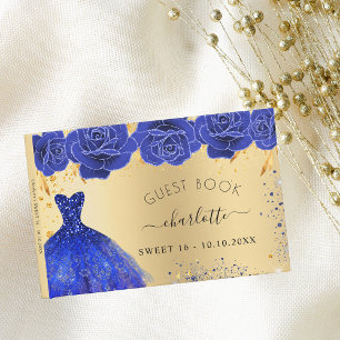 Sweet 16 royal blue gold dress flowers glitter guest book