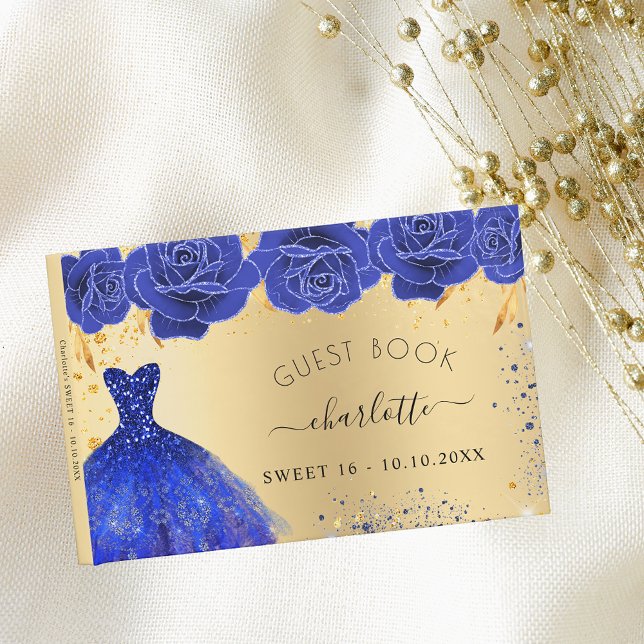 Sweet 16 royal blue gold dress flowers glitter guest book (Creator Uploaded)