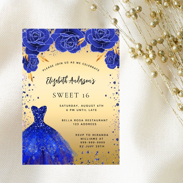 Sweet 16 royal blue gold glitter dress florals invitation postcard (Creator Uploaded)
