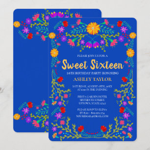 Sweet 16 Royal Blue Mexican Fiesta Floral Birthday Invitation
