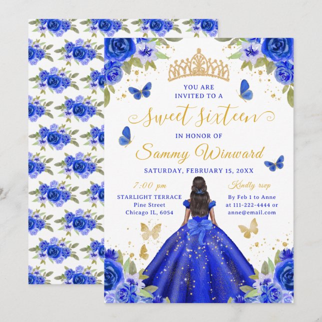 Sweet 16 Royal Blue Princess African American Girl Invitation (Front/Back)