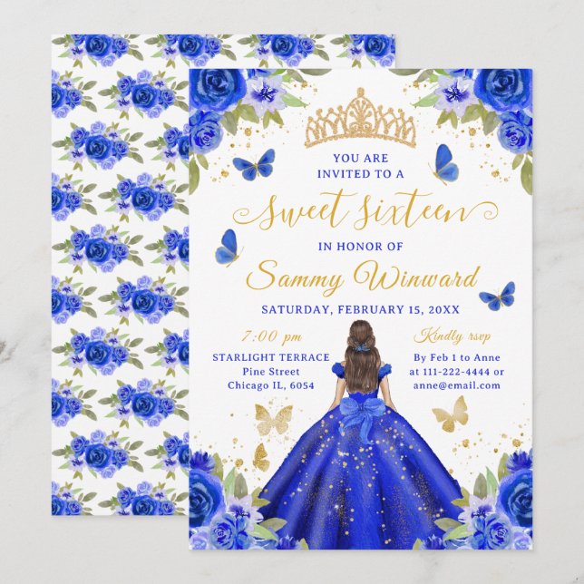 Sweet 16 Royal Blue Princess Brunette Girl Invitation (Front/Back)