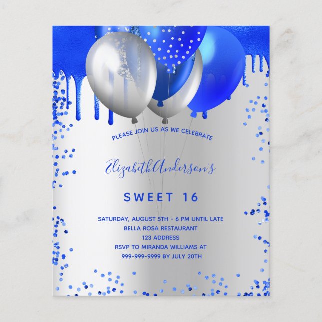 Sweet 16 royal blue silver budget invitation flyer (Front)