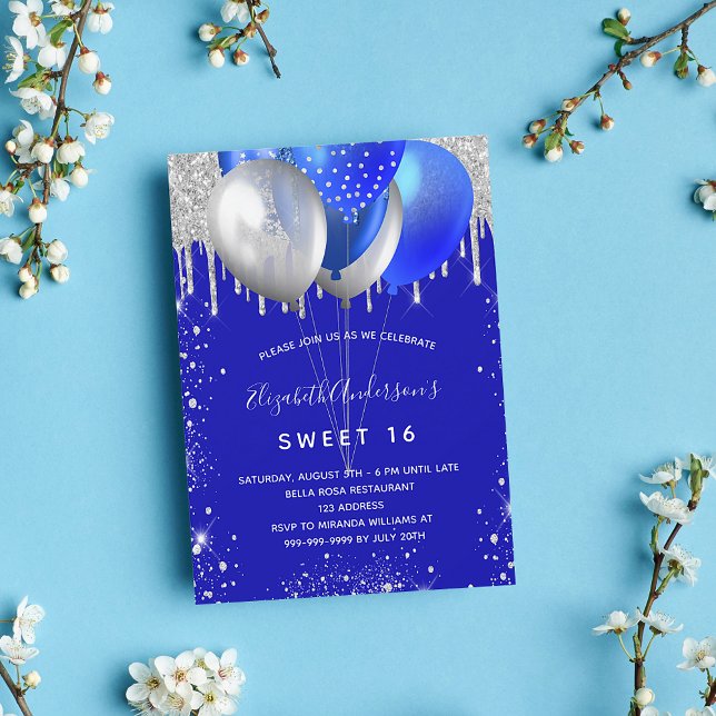 Sweet 16 royal blue silver glitter balloons invitation (Creator Uploaded)