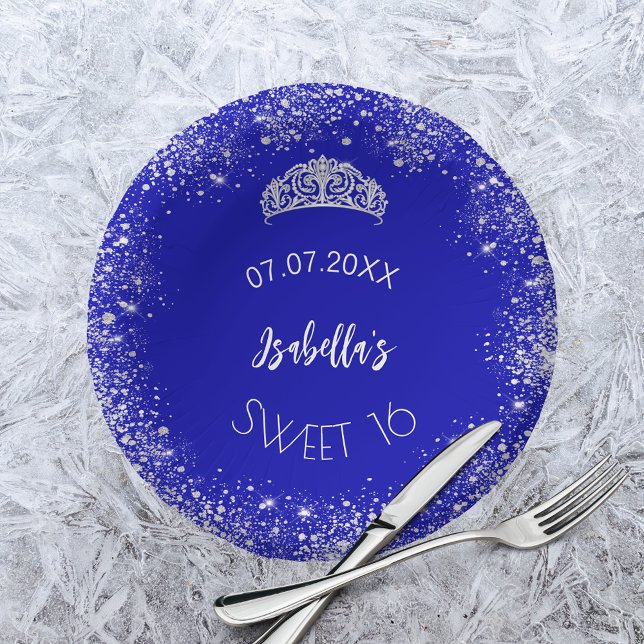 Sweet 16 royal blue silver glitter name paper plate (Creator Uploaded)