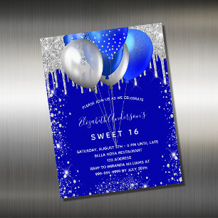 Sweet 16 royal blue silver invitation magnet