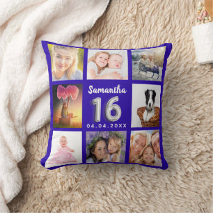 Sweet 16 royal blue silver photo collage cushion