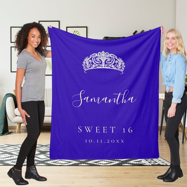 Sweet 16 royal blue tiara crown name fleece blanket (Creator Uploaded)