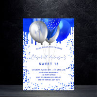 Sweet 16 royal blue white balloons glitter drips