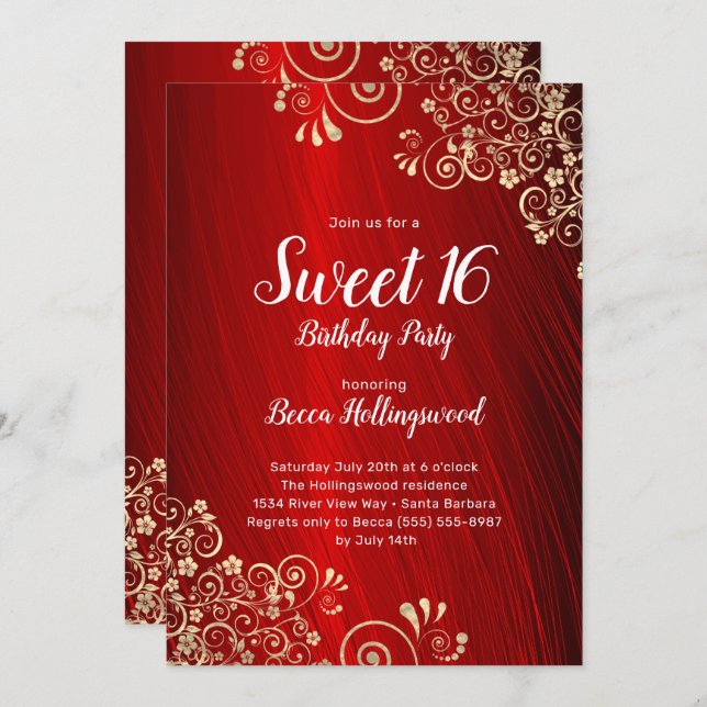 Sweet 16 Ruby Red Gold Swirls Party  Invitation (Front/Back)