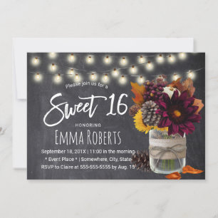 Sweet 16 Rustic Autumn Floral Mason Jar Chalkboard Invitation