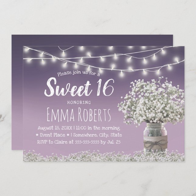 Sweet 16 Rustic Babys Breath Flowers Dusty Purple  Invitation (Front/Back)