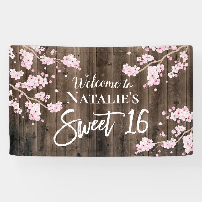 Sweet 16 Rustic Cherry Blossom Floral Barn Wood Banner (Horizontal)