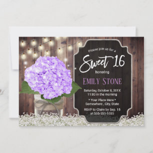 Sweet 16 Rustic Purple Hydrangea Flower Mason Jar Invitation