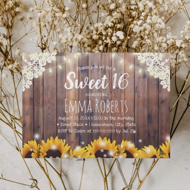 Sweet 16 Rustic Sunflowers & String Lights Invitation (Creator Uploaded)