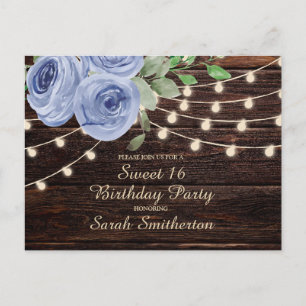 Sweet 16 Rustic Wood Blue Floral String Lights Postcard