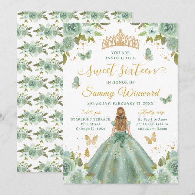 Sweet 16 Sage Green Princess Blonde Girl Invitation (Front/Back)