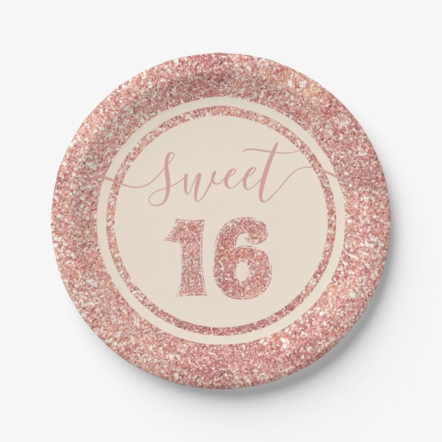 Sweet 16 Salmon Faux Glitter Stripe Birthday Party Paper Plate (Front)
