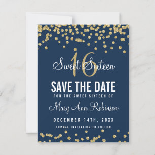 Sweet 16 "Save Date" Gold Glitter Confetti Navy Save The Date