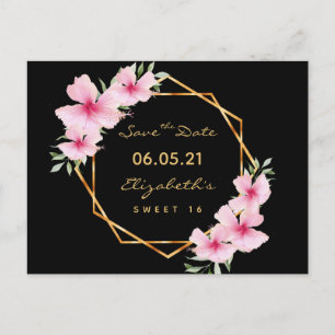 Sweet 16 Save the Date black gold florals Postcard