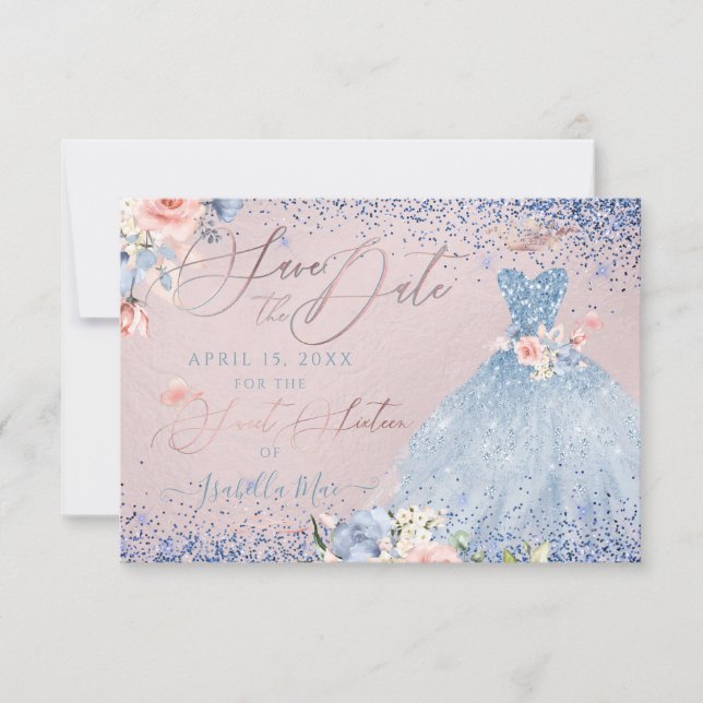 Sweet 16 Save the Date  Dusty Blue Gown Invitation (Front)