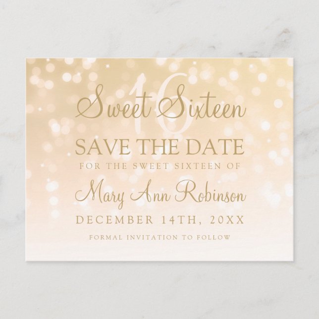Sweet 16 Save The Date Gold Bokeh Sparkle Lights Announcement Postcard (Front)
