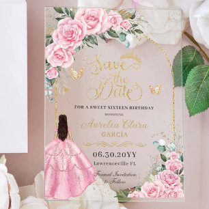 Sweet 16 Save the Date Pink Roses Floral Princess Acrylic Invitations