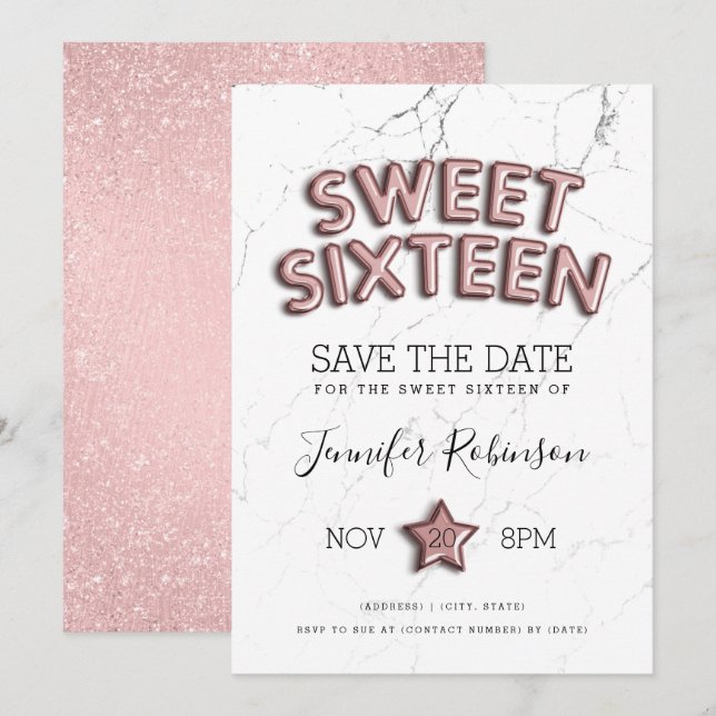 Sweet 16 Save The Date Rose Gold Balloons Glitter Invitation (Front/Back)